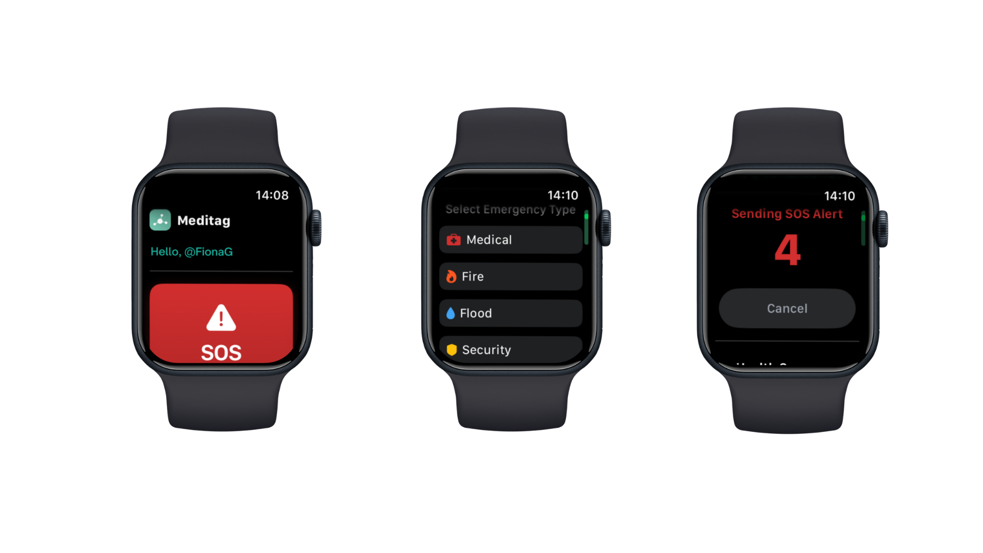 Meditag Panic Button on Apple Watch — SOS button, emergency type selection, and sending alert countdown